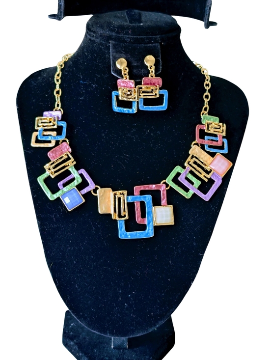 Jewelry - Multicolor Enamel Geometric Square Necklace and Earring Set - Gold-Tone